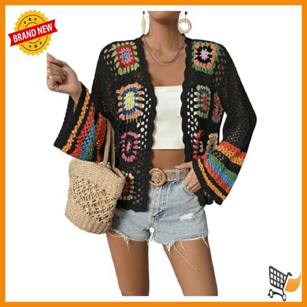 Floral Crochet Cardigan Long Sleeve Open Front Lightweight Sweater - Picture 2 of 7